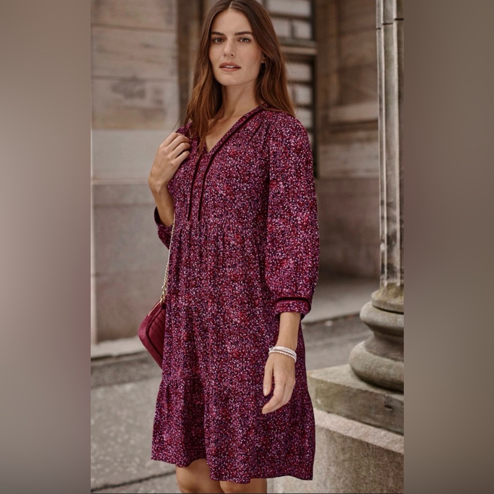 J.jill pink Floral Print Midi Dress Velvet Trim Long Sleeve Boho Bohemian S